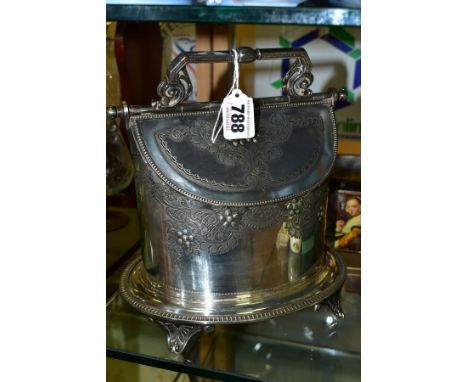 A LATE VICTORIAN JAMES DEAKIN AND SONS EPNS DOUBLE OPENING OVAL BISCUIT BARREL AND A BISCUIT TIN, the barrel engraved with fr