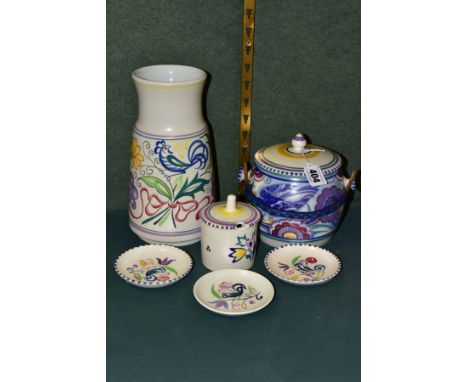 A GROUP OF POOLE POTTERY, comprising a biscuit barrel, Bluebird design, impressed backstamp (one handle reglued and lid not c