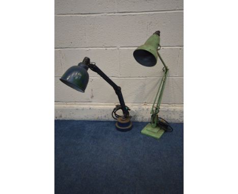 A HERBERT TERRY &amp; SONS ANGLEPOISE MODEL 1227 DESK LAMP, pastel green, adjustable shade, three springs, on a square steppe