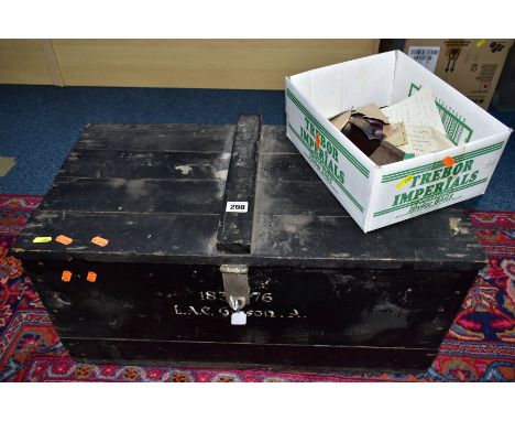 A WOODEN MILITARY BOX AND OTHER MISCELLANEOUS ITEMS, the box measures 66cm x 32.5ccm x 34.5cm, other items include letters, p