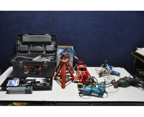 A PLASTIC TOOLBOX CONTAINING AUTOMOTIVE TOOLS including an Impact Driver, adjustable and ring spanners, Mole Grips, cutters, 