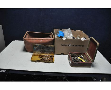 TWO TRAYS CONTAINING TOOLS AND HARDWARE including drill bits, reaming bits, toolmakers clamp, etc