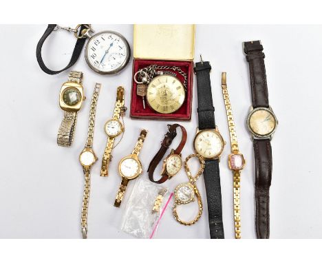 A BOX OF ASSORTED WRISTWATCHES AND POCKET WATCHES, to include a cushioned shaped gold-plated 'Slava' watch, fitted with a fle