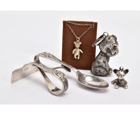 SILVER RATTLE, BABY FEEDER, PENDANT AND PENDANT NECKLACE, the AF rattle in the form of Bonzo the dog fitted with a suspension