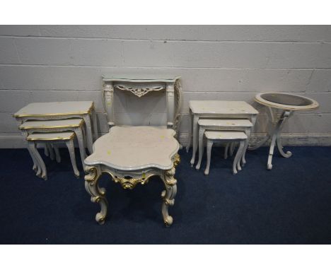 A COLLECTION OF WHITE PAINTED CONTINENTAL OCCASSIONAL FURNITURE to include a hall table (glass top), marble top occasional ta