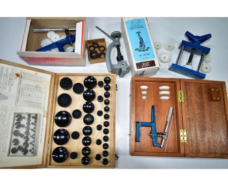 A SELECTION OF WATCH AND CLOCK TOOLS, to include a boxed 'Anchor Glass Fitting Machine' with twenty nylon dies, in original b
