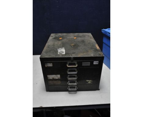 A VINTAGE METAL OFFICE FIVE DRAWER CABINET, width  41cm x depth 51cm x height 31cm, containing engineering tools including Wh