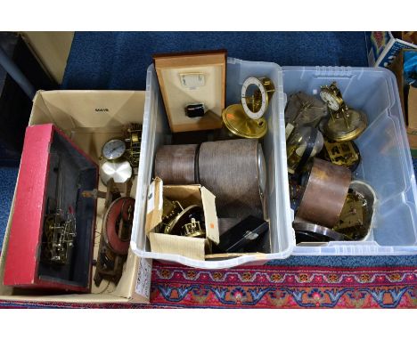 THREE BOXES OF DECONSTRUCTED MANTLE AND WALL CLOCKS, also including a 'Kundo' clock without glass dome and a 'Bentima' with g