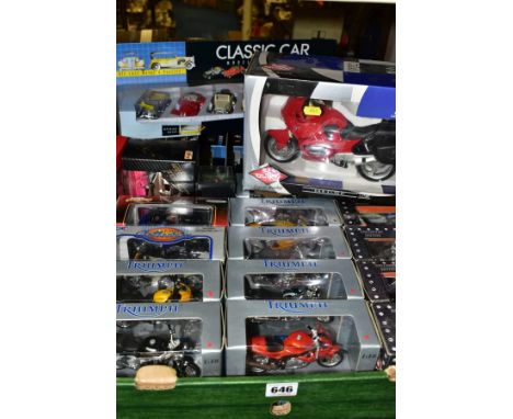 A QUANTITY OF MODERN BOXED MOTORBIKE AND CAR DIECAST AND PLASTIC MODELS, majority of bikes are Maisto 1/18 scale Triumph and 