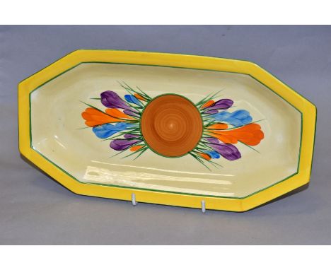 CLARICE CLIFF FOR NEWPORT POTTERY 'Crocus' sandwich tray, shape No 334, Bizarre mark, width 29.5cm, black backstamp (conditio