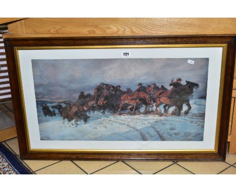 LUCY KEMP-WELCH (1869-1958) 'BIG GUNS TO THE FRONT' a framed print depicting soldiers and heavy horses in Winter, the origina