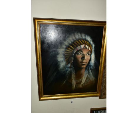 GEOFFREY LAMB (20TH CENTURY) 'INDIAN YOUTH', a portrait of Shivanada Duncan G Khan OBE 1948-2013 wearing native American head