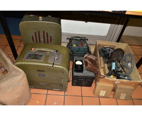 ONE BOX AND LOOSE OF VINTAGE CINEMA RELATED ITEMS, including a cine-equipment Ltd model 021 portable - 16mm projector (and co