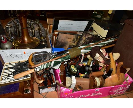FOUR BOXES AND LOOSE METALWARES, PICTURES, COLLECTABLES, etc, including a Victorian walnut and brass bound writing slope, wid