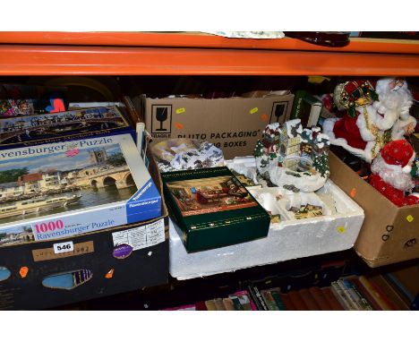 FIVE BOXES AND LOOSE BOOKS, BAGS, PICTURES, XMAS DECORATIONS etc, to include unopened Ravensburger 1000 jigsaw puzzle, two ot