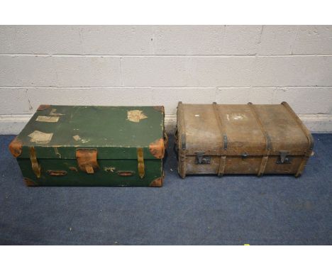 A VINTAGE GREEN FINISH HEWSON AND HUTCHINSON TRAVELING TRUNK, and a another trunk, both with travel label and distressed (2)