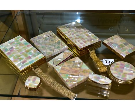 TWO 19TH CENTURY MOTHER OF PEARL CARD CASES AND SIX MOTHER OF PEARL COSMETIC ITEMS, comprising Stratton compact, lipstick hol