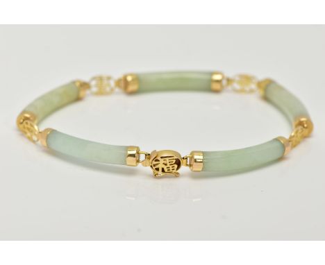 A 14CT GOLD JADE BRACELET, designed with five curved jade links, interspaced with openwork circular links, fitted with an int