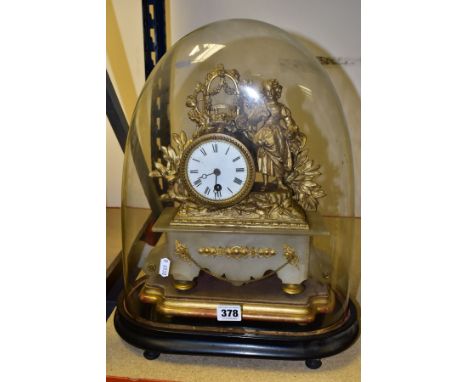 A MID VICTORIAN GILT METAL AND ALABASTER FIGURAL MANTEL CLOCK UNDER GLASS DOME, enamel dial with Roman numerals, thirty hour 