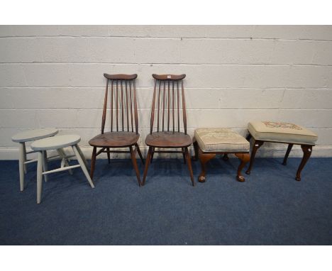 A PAIR OF GOLDSMITH ERCOL CHAIRS, two grey painted stools and two reproduction stools (6)