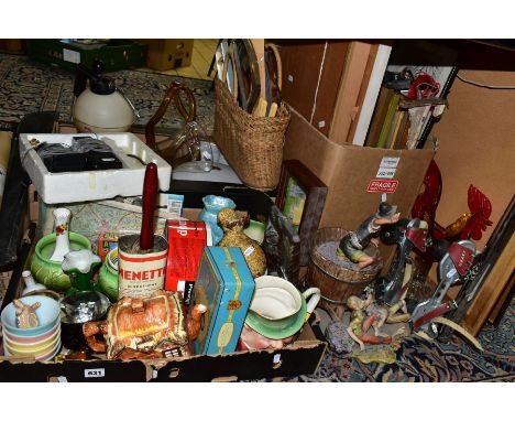 THREE BOXES AND LOOSE CERAMICS, GLASSWARE, PICTURES, COLLECTABLES, etc, including a Capodimonte pressing grapes scene, s.d., 