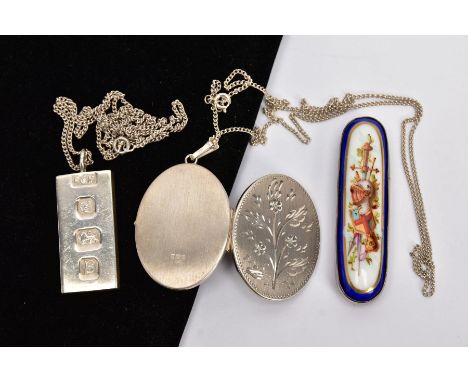A VICTORIAN BROOCH, SILVER INGOT PENDANT NECKLACE AND A SILVER LOCKET NECKLACE, the Victorian brooch with a decorative painte