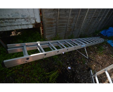 A GRAVITY DIY-DELUXE ALUMIUM DOUBLE EXTENSION LADDER, length 399cm with a Youngman ladder stand-off, three other step ladders