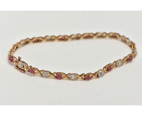 A 9CT GOLD RUBY AND DIAMOND LINE BRACELET, set with circular cut rubies, interspaced with illusion set single cut diamonds an