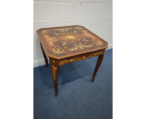 A REPRDUCTION ITALIAN STYLE MARQUETRY INLAID COMPENDIUM GAMES TABLE, the lid with backgammon, Second Reversible Tray with Gre