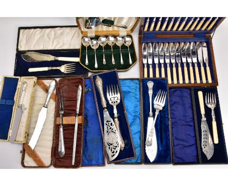 A BOX OF CASED CUTLERY SETS AND A CANTEEN OF CUTLERY, to include six cased sets of cutleries such as a seven piece EPNS desse