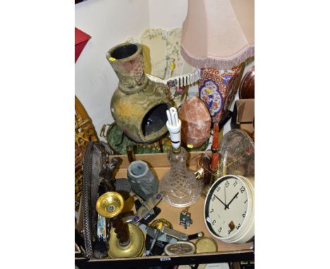 A BOX AND LOOSE OF TABLE LAMPS, CANDLESTICKS, BHS WALL CLOCK, COLLECTABLES, etc, including a 'The Franklin Gallery - The Awak