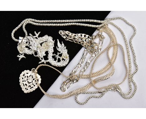 A SILVER FIGARO CHAIN AND TWO WHITE METAL PENDANT NECKLACES, the silver figaro chain fitted with a lobster claw clasp, hallma