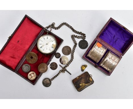 A BOXED PAIR OF LATE VICTORIAN SILVER NAPKIN RINGS, A SILVER POCKET WATCH AND KEYS, each of a circular form, engraved floral 