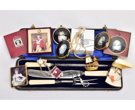 A SELECTION OF ITEMS, to include four modern framed cameos, a modern framed miniature print, a silver child's bangle, with si