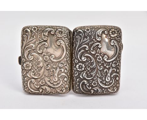 A LATE VICTORIAN, SILVER EMBOSSED CIGARETTE CASE, floral and foliate embossed design, engraved monogram dated 1898, push pin 