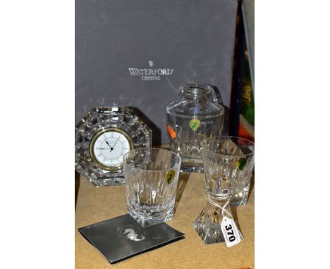 A BOXED WATERFORD CRYSTAL 'CLARION' DECANTER AND STOPPER WITH MATCHING PAIR OF TUMBLERS, height of decanter 20cm, together wi