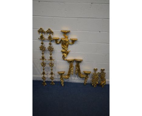 THREE PAIRS OF LATE 20TH CENTURY GILT WALL ART/DECORATION, and a rococo style glass two tier wall shelf (7)