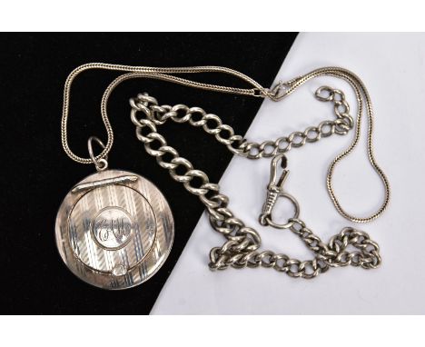 A SILVER COMPACT PENDANT NECKLACE AND AN ALBERT CHAIN, the compact of circular form, engine turn design with an engraved mono