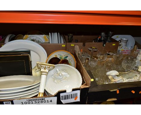 FIVE BOXES AND LOOSE KITCHEN CROCKERY, GLASSWARE, METALWARES, etc, including an Aynsley white and gilt column candlestick, a.