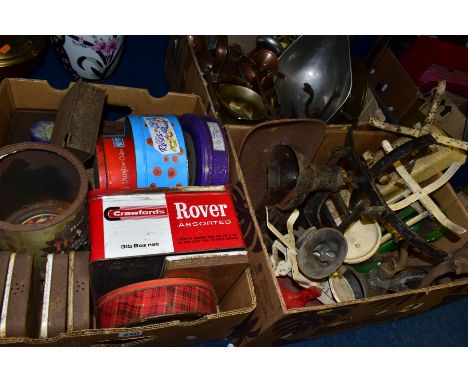 THREE BOXES OF WEIGHING SCALES, vintage mincers, biscuit and other tins, copper and brass including a trivet and kettle, cutl