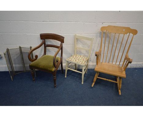 A BEECH SPINDLE BACK ROCKING CHAIR, an Edwardian white painted bar back chair, regency bar back scrolled arm chair, a brass f