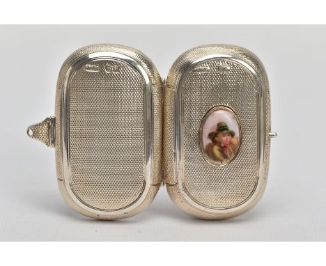 A LATE VICTORIAN SILVER SNUFF BOX, of an engine turn design, set with a miniature painted ceramic portrait of a lady in a gre