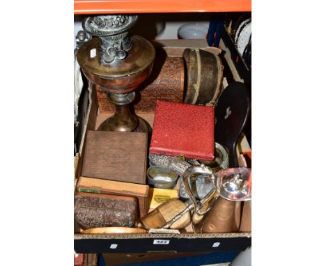 A BOX OF METALWARES AND TREEN, including cigarette and cigar boxes, a turned wooden bowl, an EPBM jug with presentation inscr