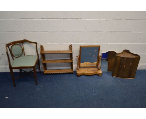 AN EDWARDIAN MAHOGANY CORNER CHAIR, along with a Victorian toilet mirror, late Victorian satinwood wall shelf, handing corner