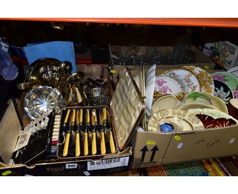 THREE BOXES OF GLASSWARE, CERAMICS, METALWARES, etc, to include flatware (cased Sterling silver collared fish eaters), Carlto