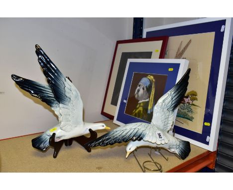 TWO 20TH CENTURY CONTINENTAL POTTERY SEAGULL WALL PLAQUES, impressed numbers 15722 III and 15723 III, height 39cm and width 5