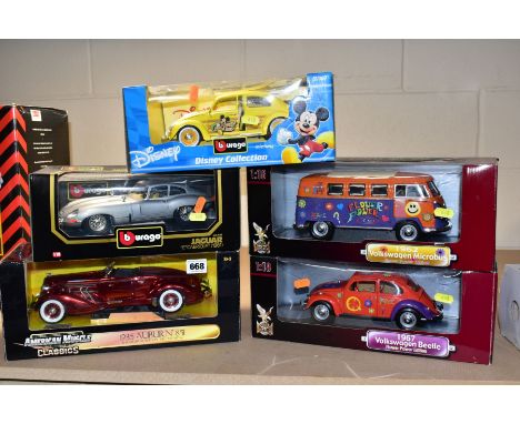 FIVE BOXED MODERN 1/18 SCALE DIECAST MODELS, Burago Disney collection Mickey Mouse Volkswagen Beetle, No. 2002, Burago 1961 J