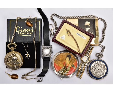 A BAG OF MISCELLANEOUS ITEMS, to include two novelty pocket watches, each fitted with Albert chains, two ladies wristwatches,
