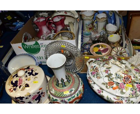 TWO BOXES AND LOOSE ASSORTED CERAMICS, ETC, to include a Masons Mandalay cheese dome and stand in good condition, restored Fa