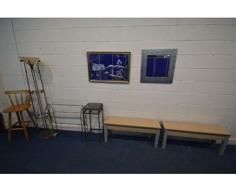 A PAIR OF MODERN LONG OCCASSIONAL TABLES, a tall glass top metal framed plant stand, beech high chair, open armchair, two mir